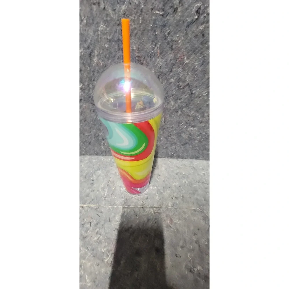 Starbucks Rainbow Swirl Cold Cup Tumbler With Dome Lid &‎ Orange Straw 24 Oz